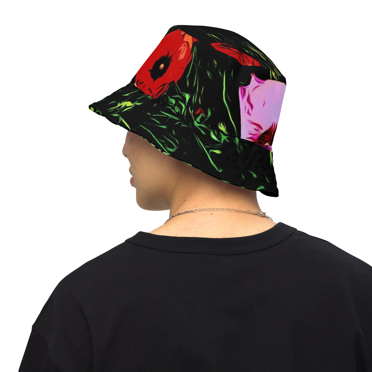 Big Cannabis Leaves and Field of Poppy Flowers Reversible Bucket Hat