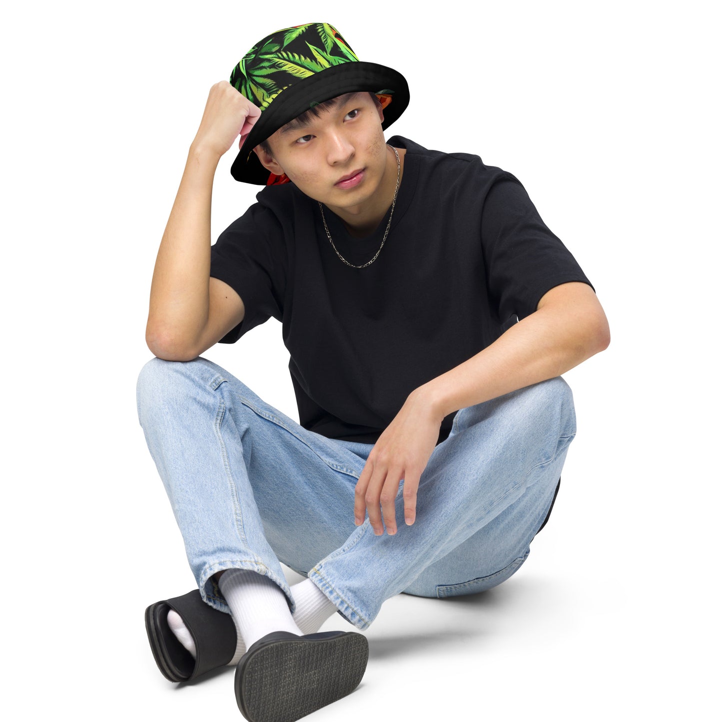 Tulip Flowers and Cannabis Canopy Reversible bucket hat