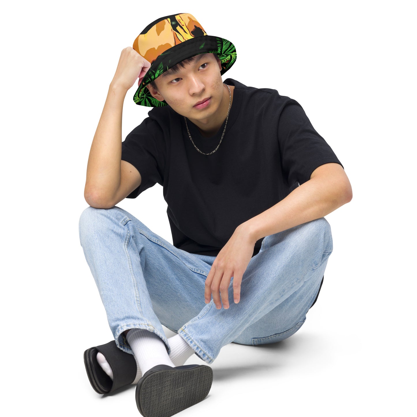 Tulip Flowers and Cannabis Canopy Reversible bucket hat