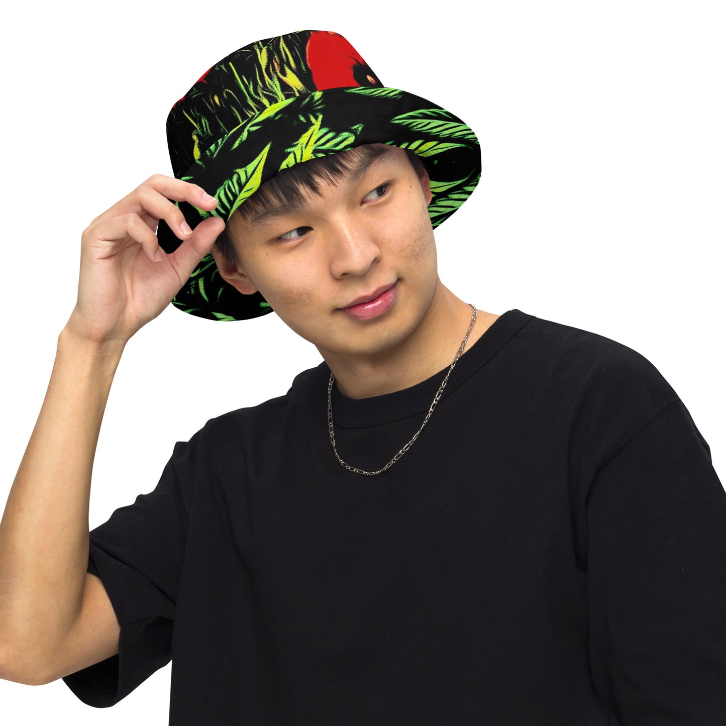 Big Cannabis Leaves and Field of Poppy Flowers Reversible Bucket Hat
