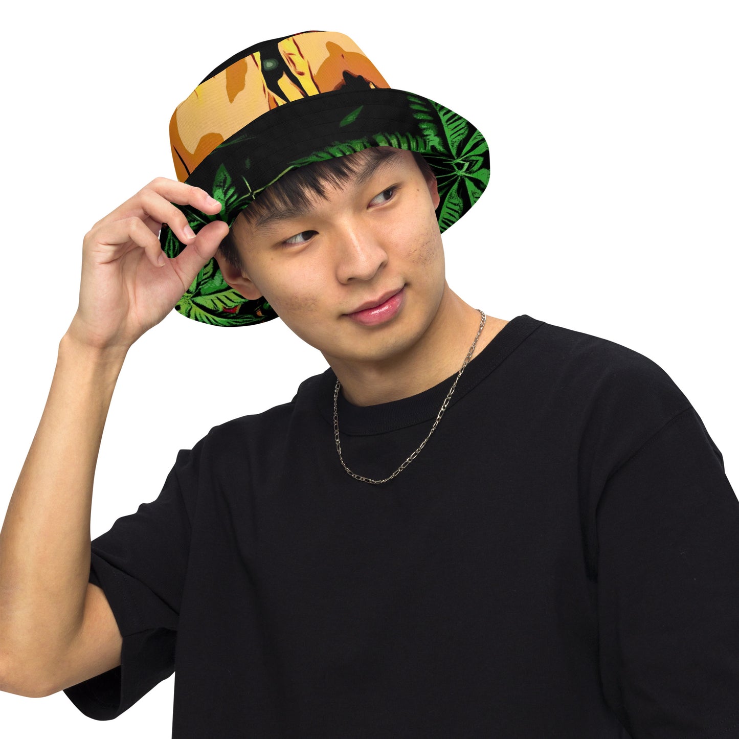 Tulip Flowers and Cannabis Canopy Reversible bucket hat