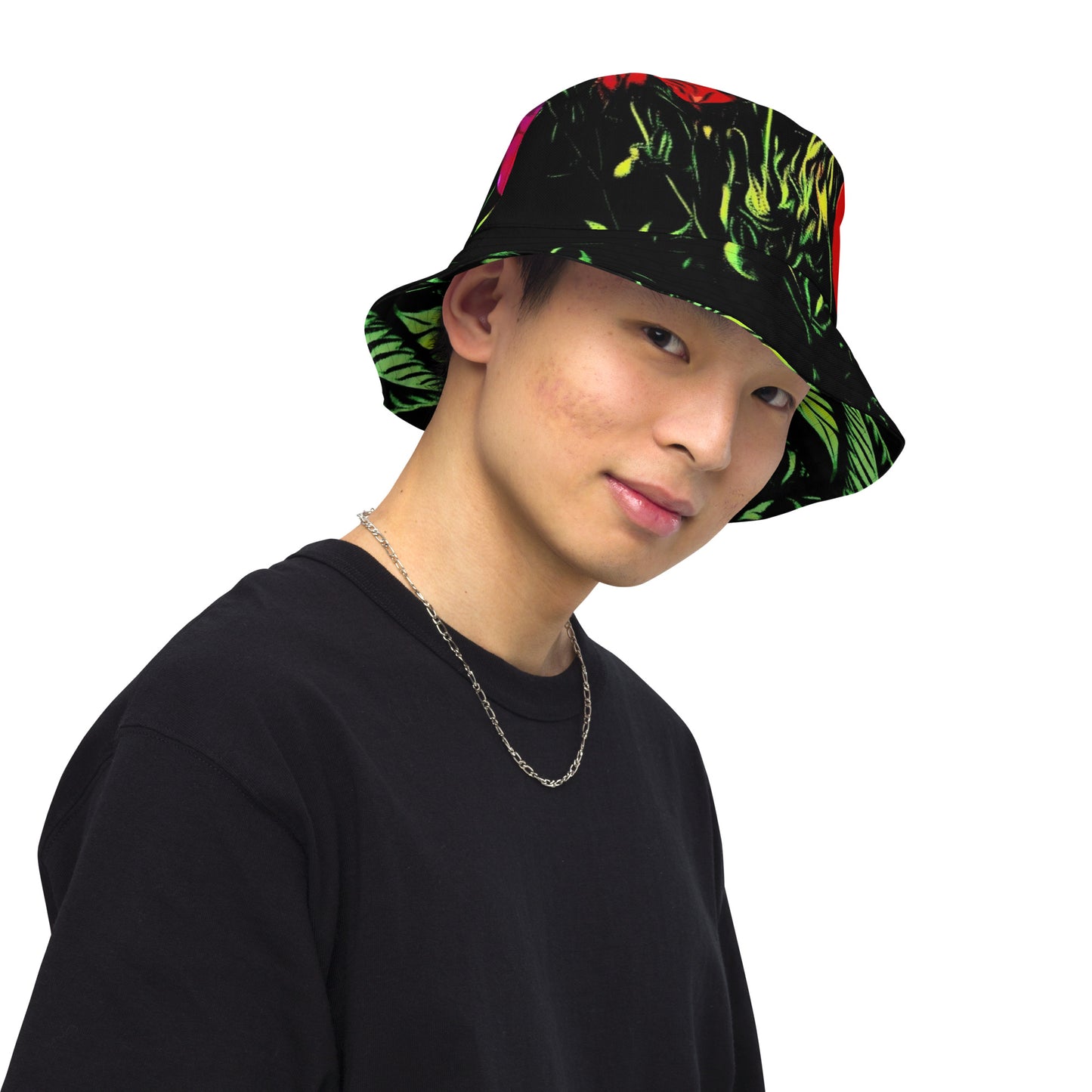 Big Cannabis Leaves and Field of Poppy Flowers Reversible Bucket Hat