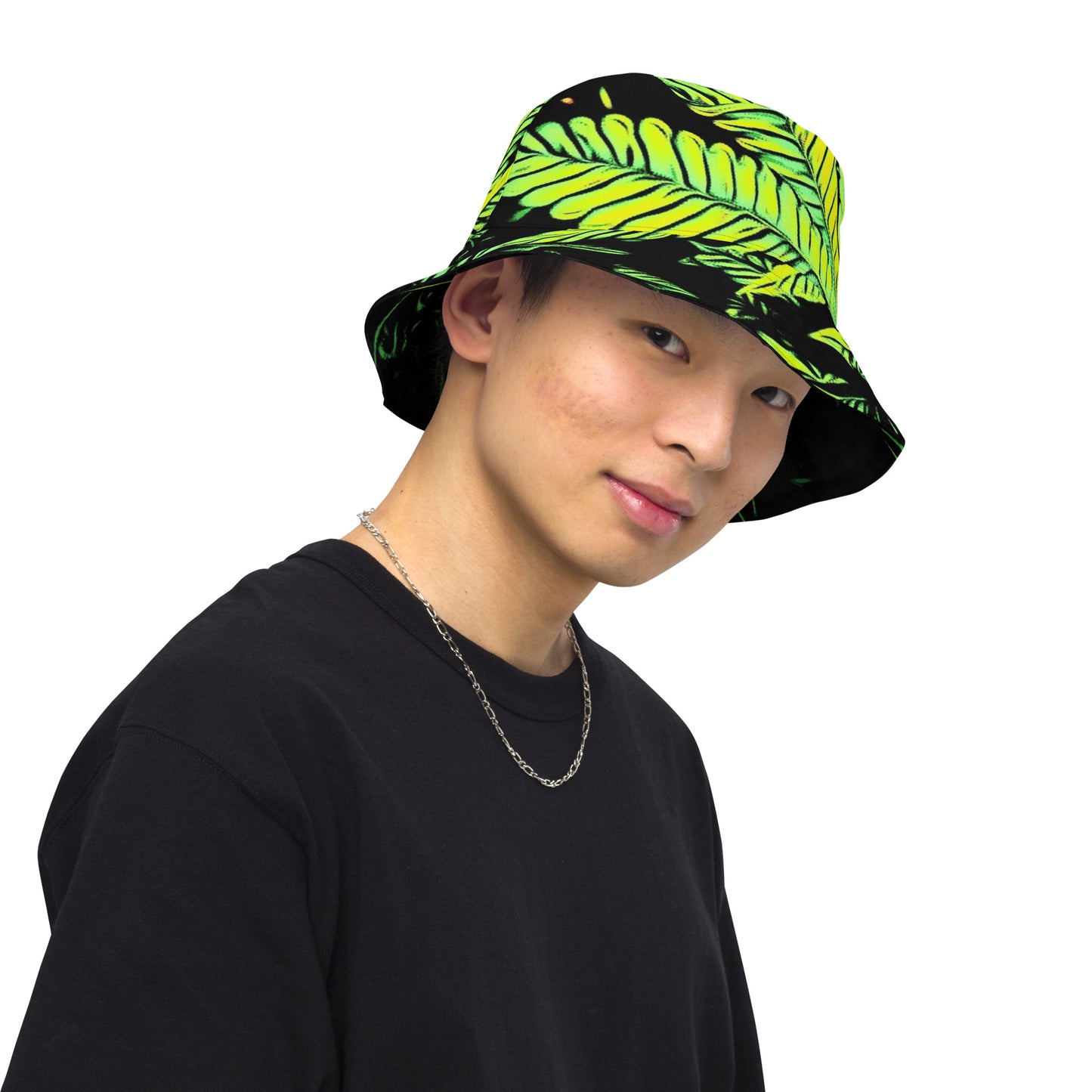 Big Cannabis Leaves and Field of Poppy Flowers Reversible Bucket Hat