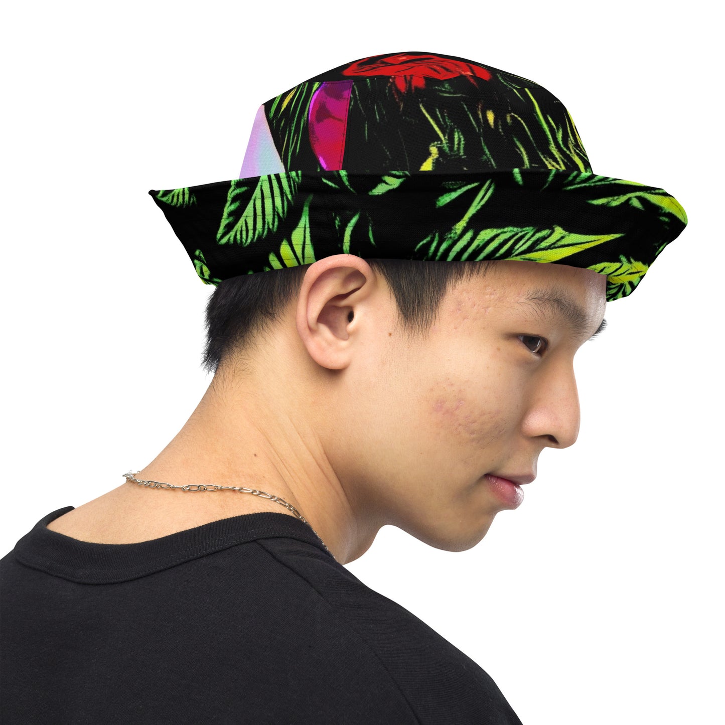 Big Cannabis Leaves and Field of Poppy Flowers Reversible Bucket Hat