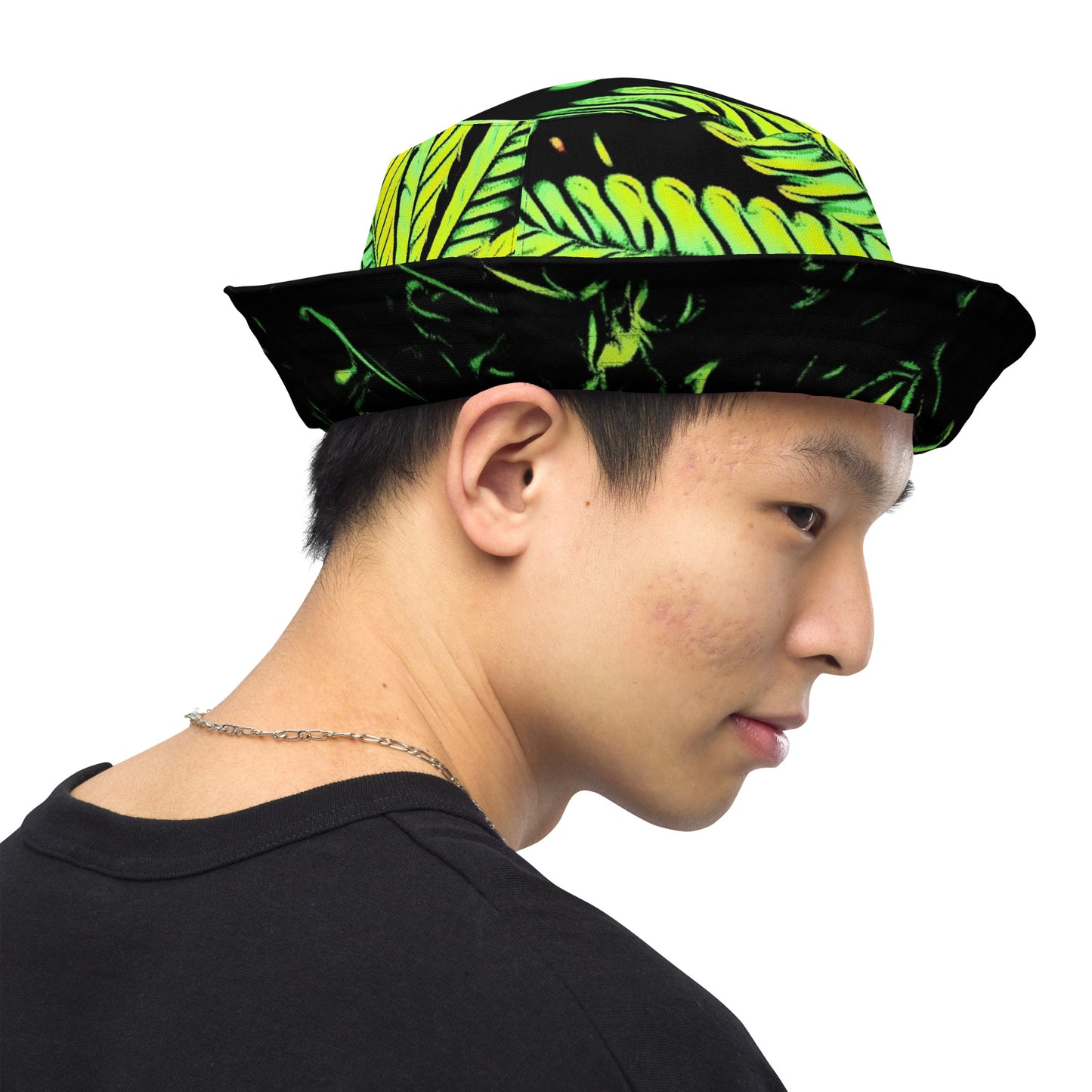 Big Cannabis Leaves and Field of Poppy Flowers Reversible Bucket Hat