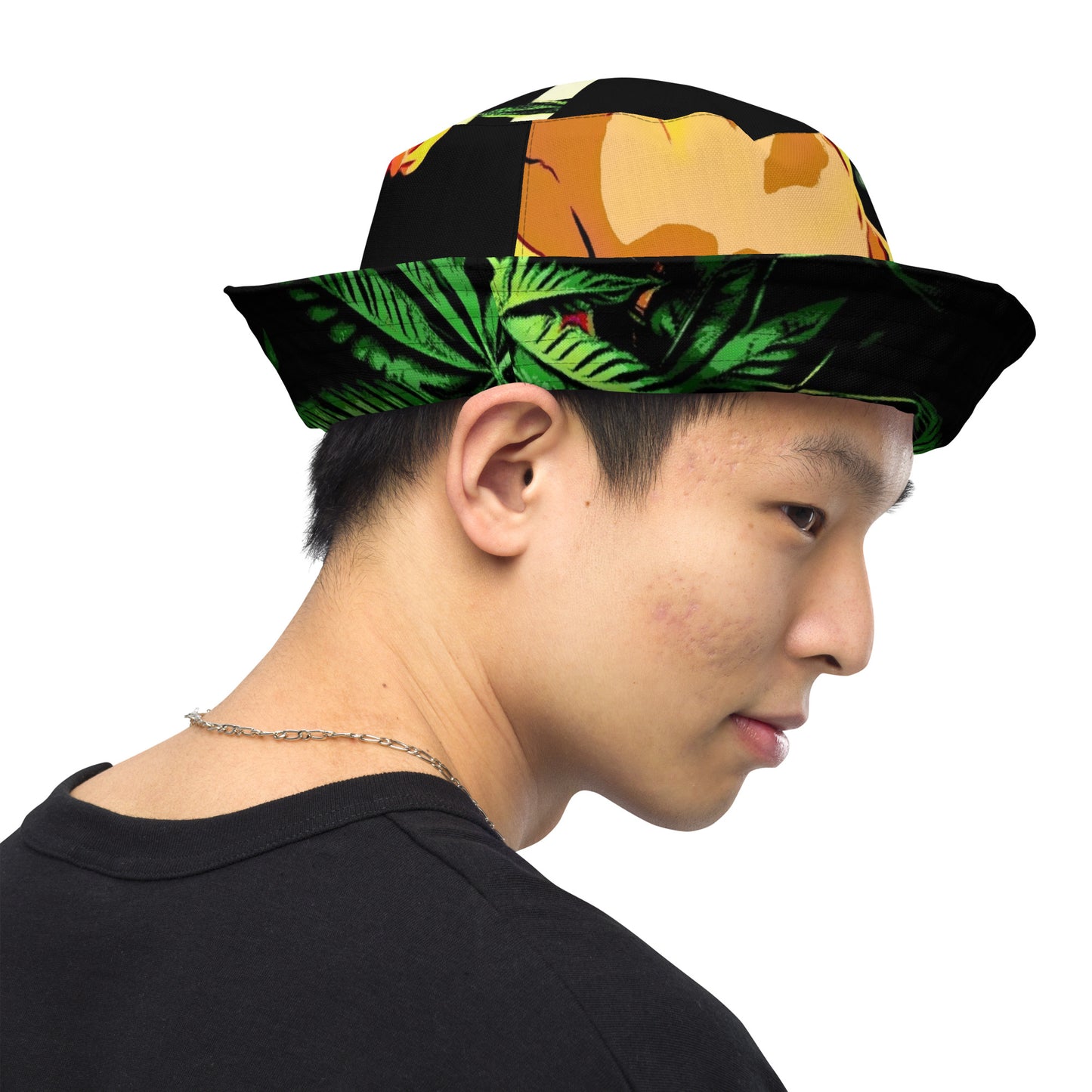 Tulip Flowers and Cannabis Canopy Reversible bucket hat