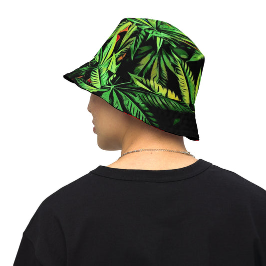 Tulip Flowers and Cannabis Canopy Reversible bucket hat