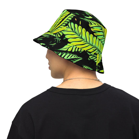 Big Cannabis Leaves and Field of Poppy Flowers Reversible Bucket Hat