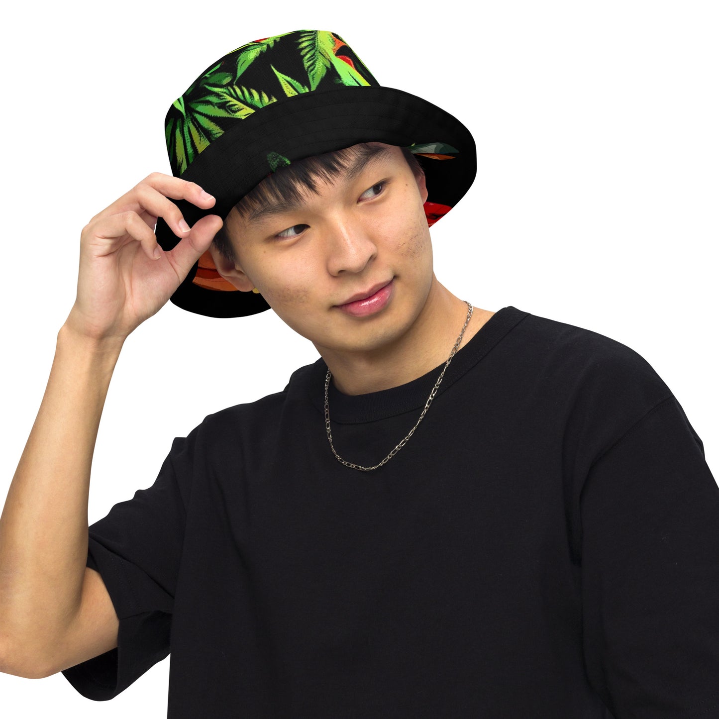 Tulip Flowers and Cannabis Canopy Reversible bucket hat