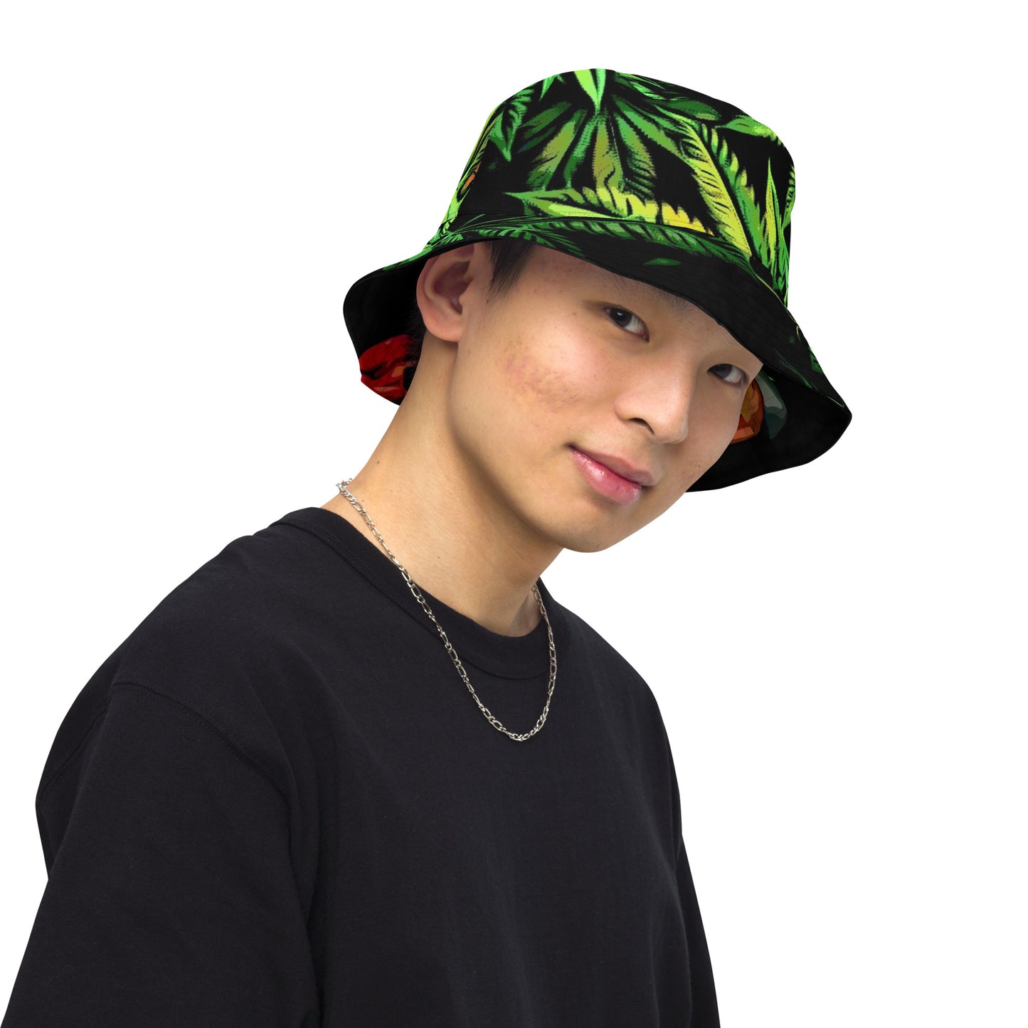 Tulip Flowers and Cannabis Canopy Reversible bucket hat
