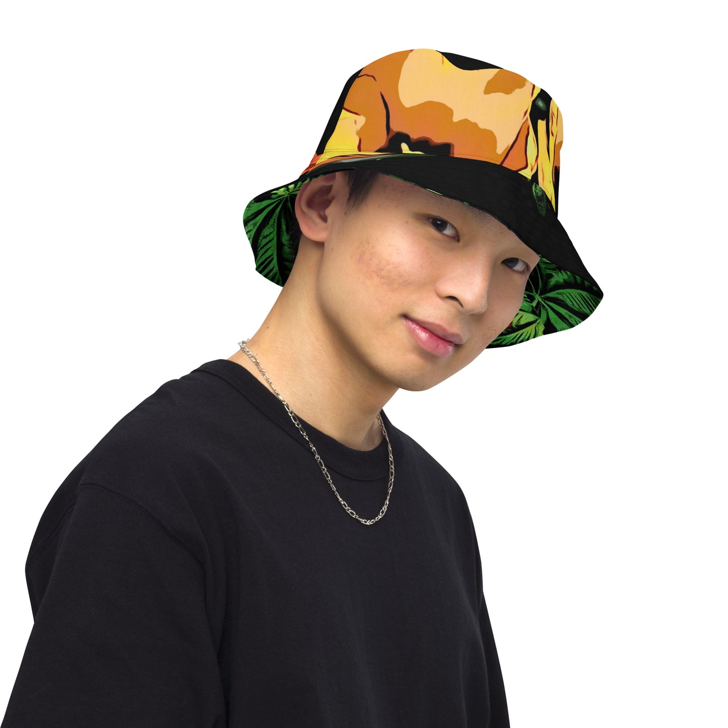 Tulip Flowers and Cannabis Canopy Reversible bucket hat